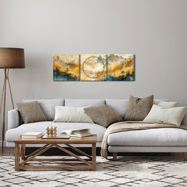Obraz - Pohoří, akvarel (s hodinami) (90x30 cm)
