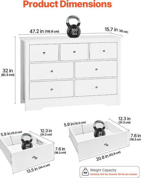 Komoda VEVOR, jednoduchá moderní komoda (400 x 1199 x 813 mm) úložná komoda do obývacího pokoje, ložnice, předsíně, chodby (bílá)