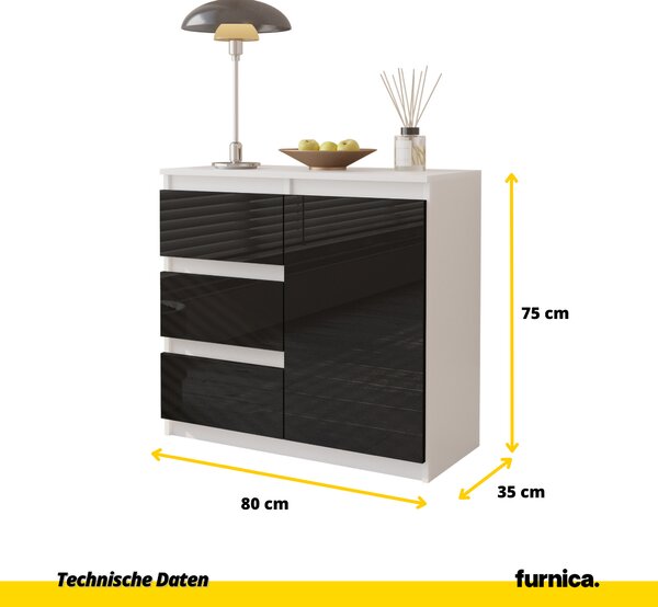 FURNICA - MIKEL - Komoda / příborník se 3 zásuvkami a 1 dvířky - bílý mat / černý lesk V75cm Š80cm H35cm