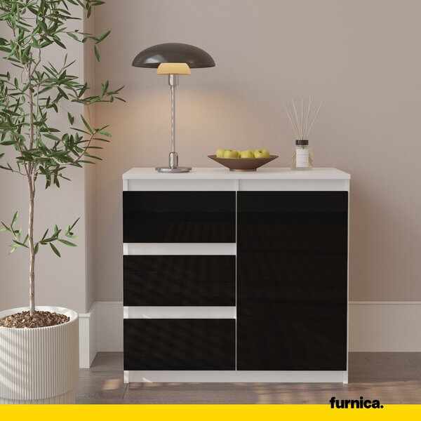 FURNICA - MIKEL - Komoda / příborník se 3 zásuvkami a 1 dvířky - bílý mat / černý lesk V75cm Š80cm H35cm