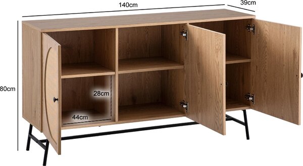 FineBuy Sideboard 140x80x39 cm Komoda v dubovém dekoru s ratanovým proutěním Moderní vysoká komoda Stojací skříň se 3 dvířky Průchozí skříň Obývací pokoj