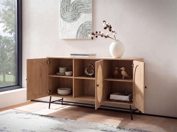 FineBuy Sideboard 140x80x39 cm Komoda v dubovém dekoru s ratanovým proutěním Moderní vysoká komoda Stojací skříň se 3 dvířky Průchozí skříň Obývací pokoj