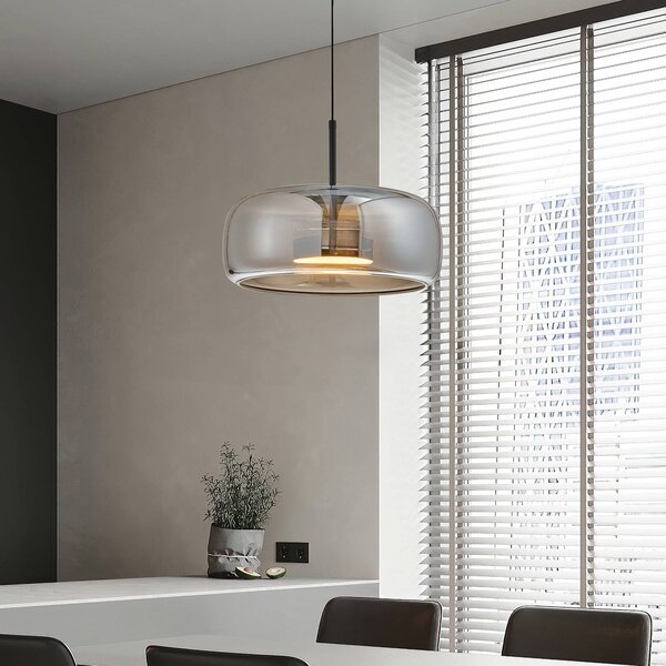Viokef LED závěsné světlo Deco, kouřově šedé/černé, Ø 33 cm, sklo, Hliník / šedá / zinek, Obývací pokoj / jídelna, Sklo