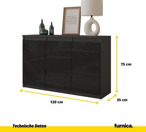 FURNICA - MIKEL - Komoda se 3 zásuvkami a 2 dvířky - antracitově šedá / černý lesk V75cm Š120cm H35cm