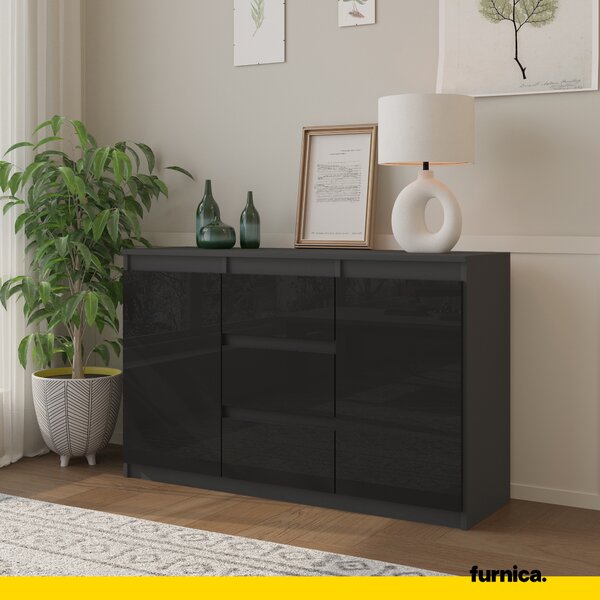 FURNICA - MIKEL - Komoda se 3 zásuvkami a 2 dvířky - antracitově šedá / černý lesk V75cm Š120cm H35cm