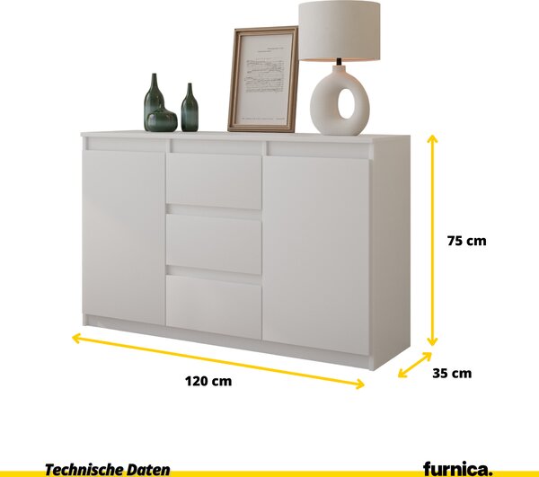 FURNICA - MIKEL - Komoda se 3 zásuvkami a 2 dvířky - bílá matná V75cm Š120cm H35cm