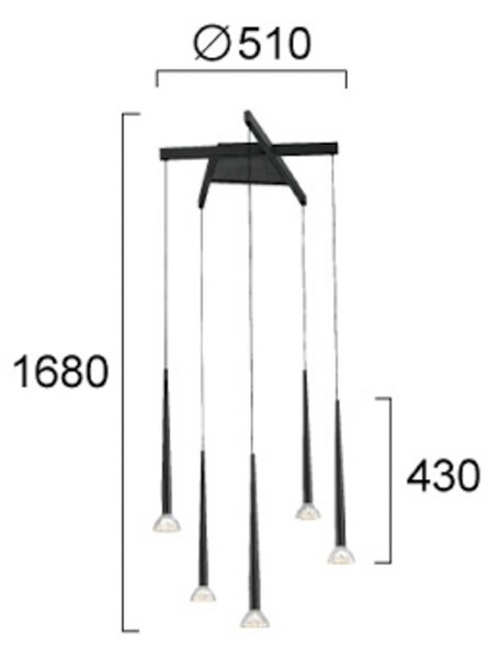 Viokef Závěsné světlo LED Rina, černá/čirá, Ø 51 cm, kov, 5 ramen, Černá, Obývací pokoj / jídelna, kov, Moderní