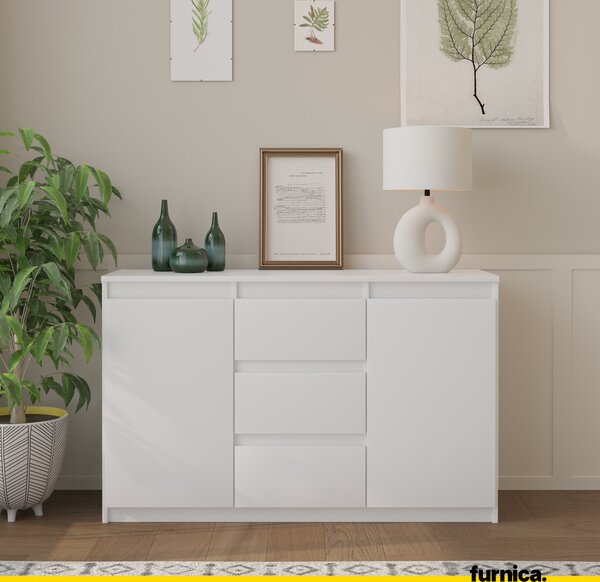 FURNICA - MIKEL - Komoda se 3 zásuvkami a 2 dvířky - bílá matná V75cm Š120cm H35cm