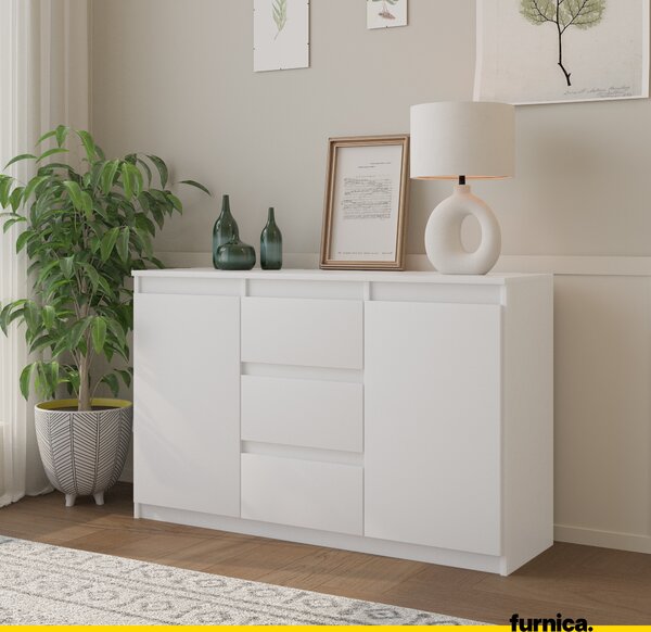 FURNICA - MIKEL - Komoda se 3 zásuvkami a 2 dvířky - bílá matná V75cm Š120cm H35cm