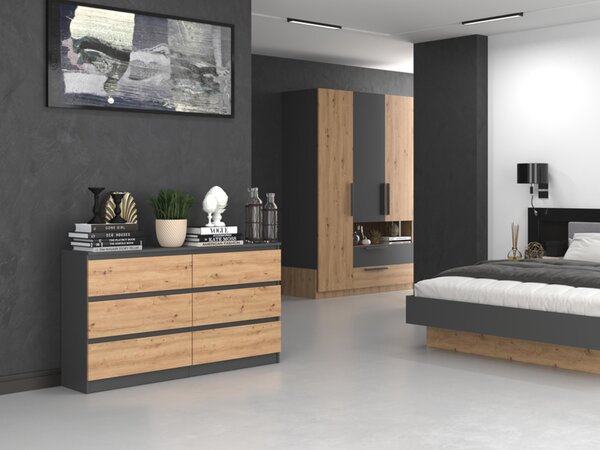 Komoda, předsíň do ložnice, šatní skříň, příborník, vysoká deska se 6 zásuvkami, šířka 140 cm výška 75 | antracit Artisan