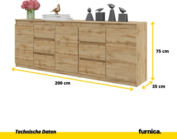 MIKEL - Komoda se 6 zásuvkami a 3 dvířky - Komoda do ložnice Úložná skříňka Příborník - dub Wotan V75cm Š200cm H35cm