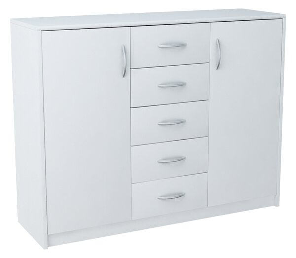 Komoda s 5 zásuvkami a 2 dvířky v matné povrchové úpravě, komoda šířka 110 cm dřevěná skříňka příborník vysoká komoda se zásuvkami bílá