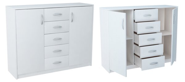 Komoda s 5 zásuvkami a 2 dvířky v matné povrchové úpravě, komoda šířka 110 cm dřevěná skříňka příborník vysoká komoda se zásuvkami bílá