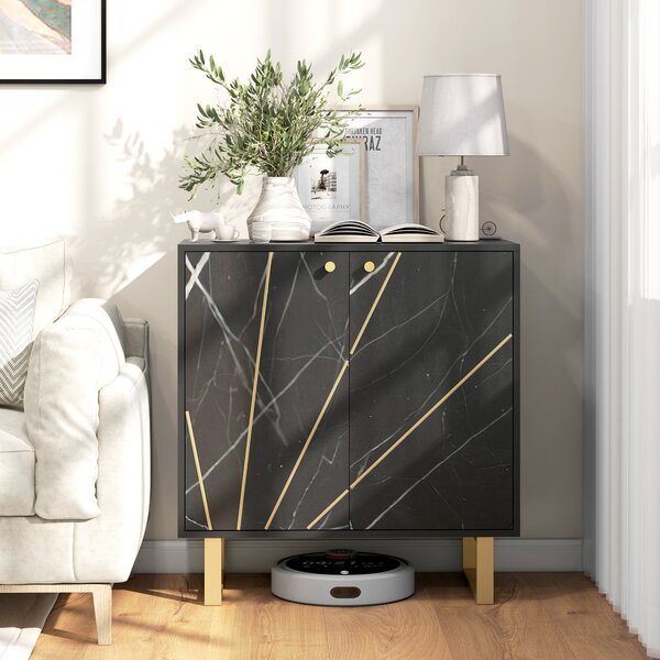 HOMCOM Úložná skříňka bufetu s 1 skříňkou, 2 dveřmi a nastavitelnou policí, kovové nohy - 76Š x 35H x 77V cm, v vzhledu černého mramoru | Aosom