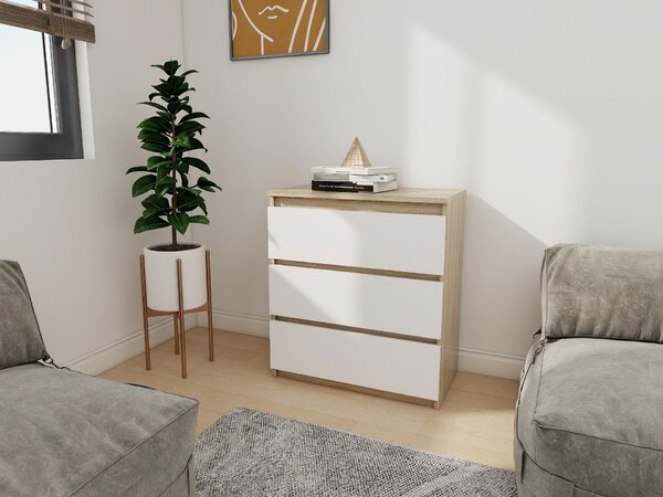 Komoda - 3 zásuvky - 70 cm - Dub Sonoma - Bílá - Moderní příborník - Vysoká kvalita