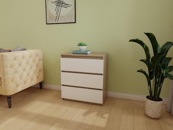 Komoda - 3 zásuvky - 70 cm - Dub Sonoma - Bílá - Moderní příborník - Vysoká kvalita