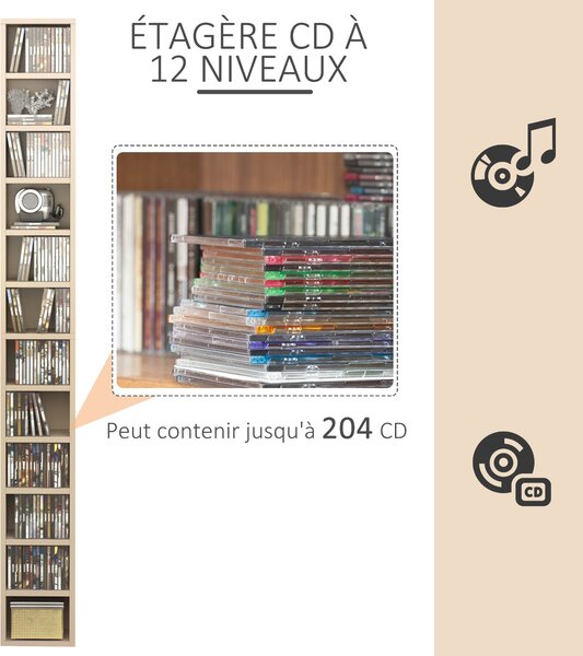 HOMCOM Úložný sloupec na CD a DVD, regál se 12 přihrádkami, kapacita max. 204 CD, 21 x 20 x 175 cm, přírodní dřevo | Aosom