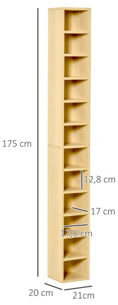 HOMCOM Úložný sloupec na CD a DVD, regál se 12 přihrádkami, kapacita max. 204 CD, 21 x 20 x 175 cm, přírodní dřevo | Aosom