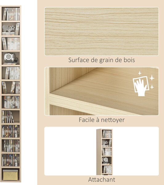 HOMCOM Úložný sloupec na CD a DVD, regál se 12 přihrádkami, kapacita max. 204 CD, 21 x 20 x 175 cm, přírodní dřevo | Aosom