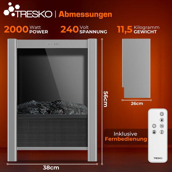 TRESKO® Elektrický krb s ohřevem a dálkovým ovládáním 2000W, aplikace WiFi | elektrický krb s efektem plamene LED a LCD displejem | krbový oheň s termostatem, časovačem | elektrická krbová kamna volně stojící ohřívač s ventilátorem