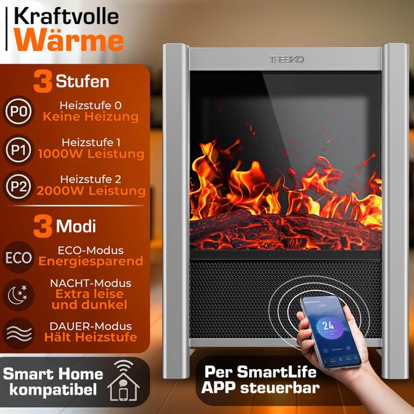 TRESKO® Elektrický krb s ohřevem a dálkovým ovládáním 2000W, aplikace WiFi | elektrický krb s efektem plamene LED a LCD displejem | krbový oheň s termostatem, časovačem | elektrická krbová kamna volně stojící ohřívač s ventilátorem