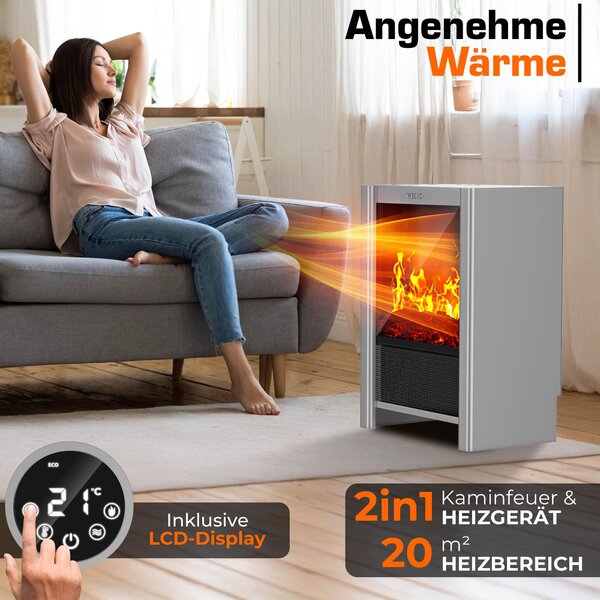 TRESKO® Elektrický krb s ohřevem a dálkovým ovládáním 2000W, aplikace WiFi | elektrický krb s efektem plamene LED a LCD displejem | krbový oheň s termostatem, časovačem | elektrická krbová kamna volně stojící ohřívač s ventilátorem
