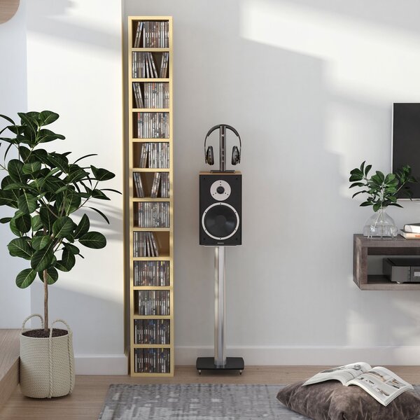 HOMCOM Úložný sloupec na CD a DVD, regál se 12 přihrádkami, kapacita max. 204 CD, 21 x 20 x 175 cm, přírodní dřevo | Aosom