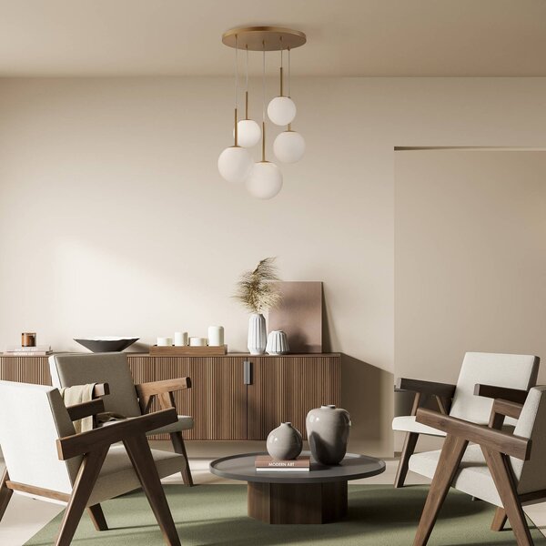 Maytoni Závěsná lampa Basic form, zlatá, Ø 58 cm 5 světel, sklo, stmívatelný, Mosaz / zlato, Obývací pokoj / jídelna, Sklo, Moderní, Koule