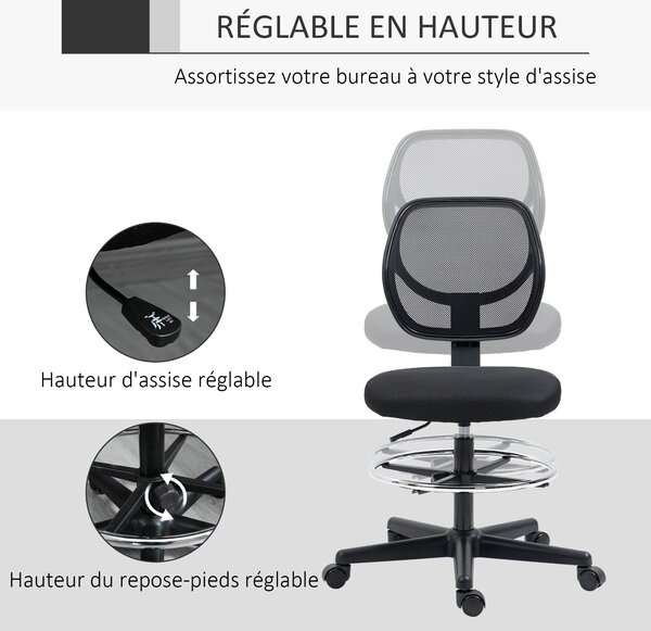 Ergonomická kancelářská židle Vinsetto s vysokým sedákem, síťovaný opěrák, nastavitelná výška 50-70 cm, otočný podnožník 360°, černá | Aosom