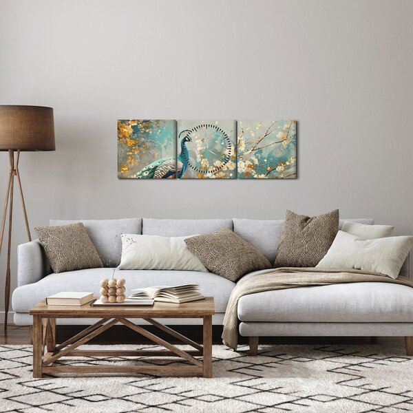 Obraz - Páv se zlatým dekorem (s hodinami) (90x30 cm)