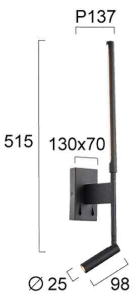 Viokef LED nástěnné světlo Nido, černé, výška 51 cm, kov, Černá, Obývací pokoj / jídelna, Hliník, Moderní, Lampička na čtení