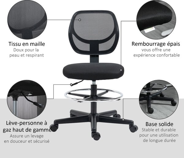 Ergonomická kancelářská židle Vinsetto s vysokým sedákem, síťovaný opěrák, nastavitelná výška 50-70 cm, otočný podnožník 360°, černá | Aosom