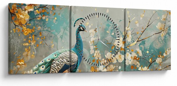 Obraz - Páv se zlatým dekorem (s hodinami) (90x30 cm)