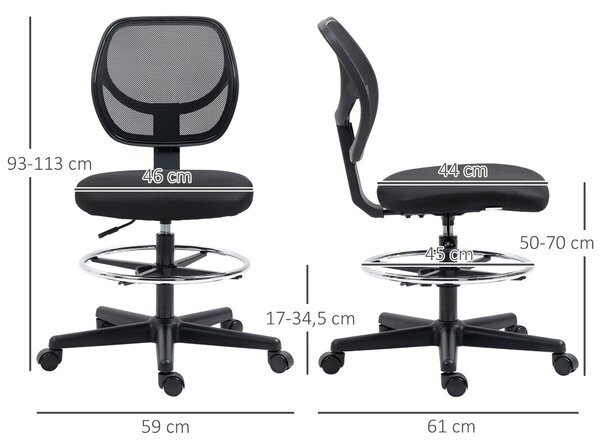 Ergonomická kancelářská židle Vinsetto s vysokým sedákem, síťovaný opěrák, nastavitelná výška 50-70 cm, otočný podnožník 360°, černá | Aosom