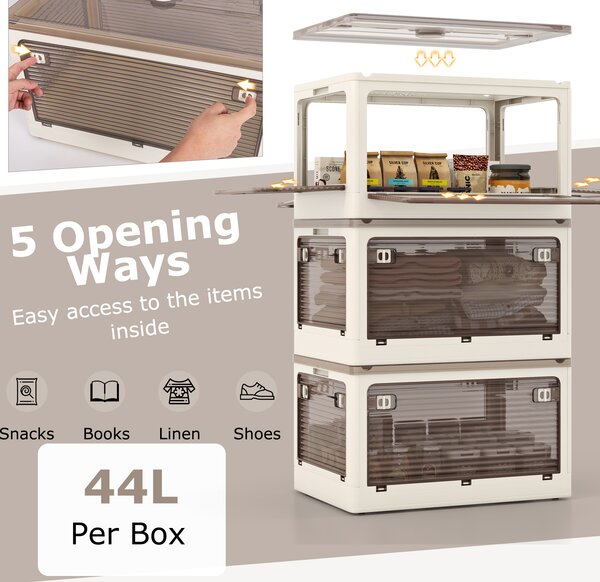 KOMFOTTEU úložný box s víkem a kolečky, 3úrovňové skládací boxy s 5 dvířky a zámkem, plastové úložné boxy pro skladování oděvů a obuvi (132 l)