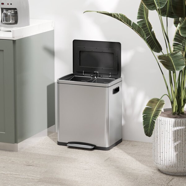 HOMCOM 40L x 34.8Š x 47.5V cm Stříbrný Pedálový Koš na Odpadky s 2 Kompartmenty, Nerezová Ocel s Tichým Víkem, Odnímatelné Vnitřní Kbelíky | Aosom