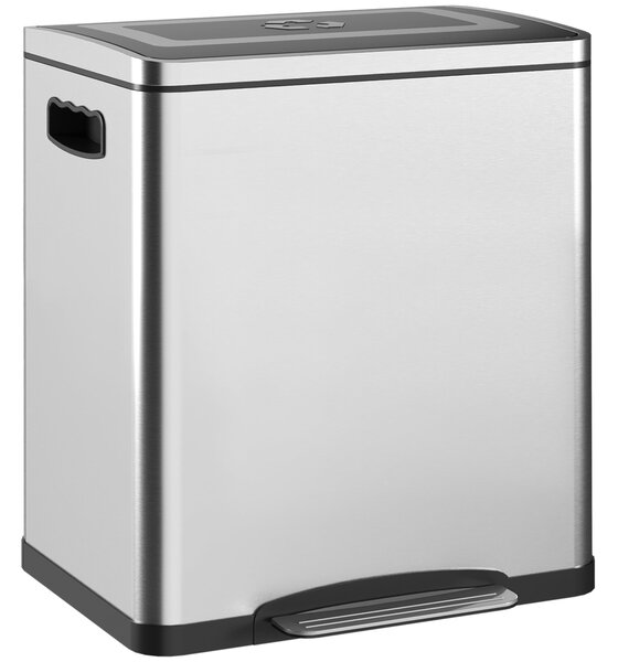 HOMCOM 40L x 34.8Š x 47.5V cm Stříbrný Pedálový Koš na Odpadky s 2 Kompartmenty, Nerezová Ocel s Tichým Víkem, Odnímatelné Vnitřní Kbelíky | Aosom