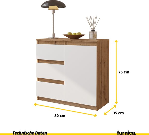 FURNICA - MIKEL - Komoda / příborník se 3 zásuvkami a 1 dvířky - dub Wotan / bílá matná V75cm Š80cm H35cm