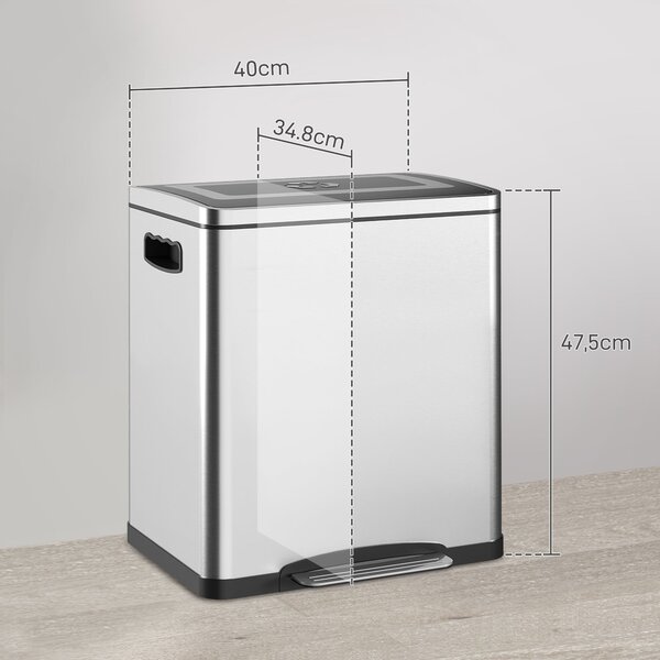 HOMCOM 40L x 34.8Š x 47.5V cm Stříbrný Pedálový Koš na Odpadky s 2 Kompartmenty, Nerezová Ocel s Tichým Víkem, Odnímatelné Vnitřní Kbelíky | Aosom