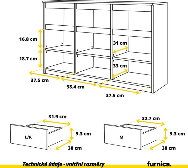 FURNICA - NOAH - Komoda / příborník se 3 zásuvkami a 3 dvířky - bílý mat V75cm Š120cm H35cm
