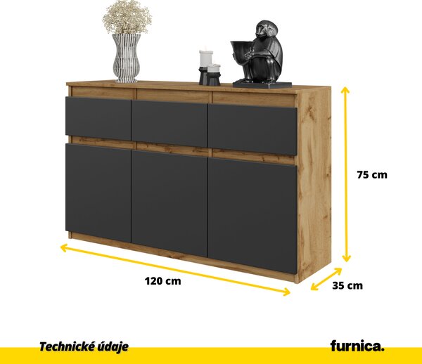FURNICA - NOAH - Komoda se 3 zásuvkami a 3 dvířky - dub Wotan / antracitově šedá V75cm Š120cm H35cm