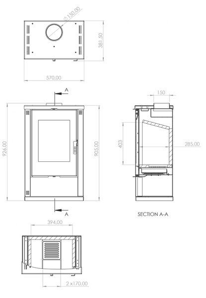 Krbová kamna moderní model Lheia Black, energetická účinnost A, 7,5 kW, 570 x 382 x 926 mm