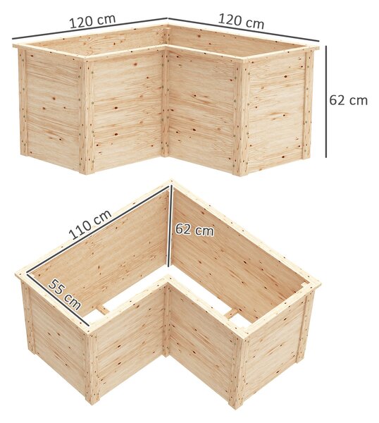 Outsunny L-špičkový Zahradní Truhlík, Zvednutý Zahradní Hřeben, Otevřený Spodní Venku Květinový Box z Přírodního Dřeva pro Terasu, 120 x 120 x 62 cm