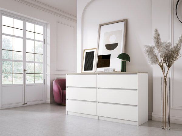 Komoda 6 zásuvek, barva: matná bílá / dub Sonoma TOP, 138 x 78 x 39 cm