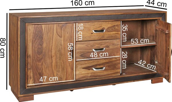 Komoda FineBuy z masivního dřeva sheesham, 160 cm, 2 dveře a 3 zásuvky – masivní retro komoda s koženými prvky – designová komoda v přírodním stylu – ručně vyrobená, industriální design