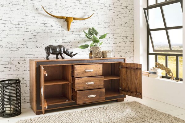 Komoda FineBuy z masivního dřeva sheesham, 160 cm, 2 dveře a 3 zásuvky – masivní retro komoda s koženými prvky – designová komoda v přírodním stylu – ručně vyrobená, industriální design