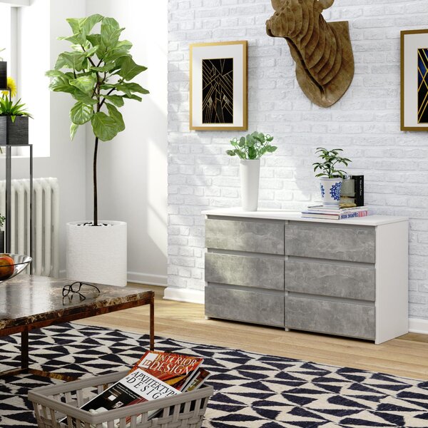 BDW, komoda, 6 zásuvek, 100x57, skříň, příborník, bílá / betonová
