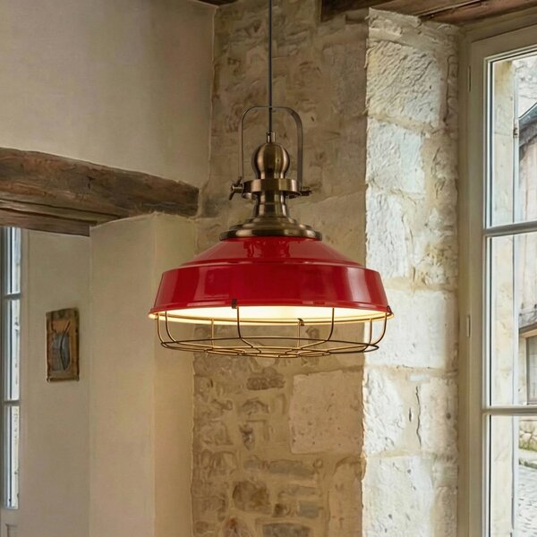 ROYALTECH Závěsné svítidlo Astel, červené, Ø 41 cm, kov, detail ze staromosazi, stmívatelný, Červená, Obývací pokoj / jídelna, kov, Industriální design