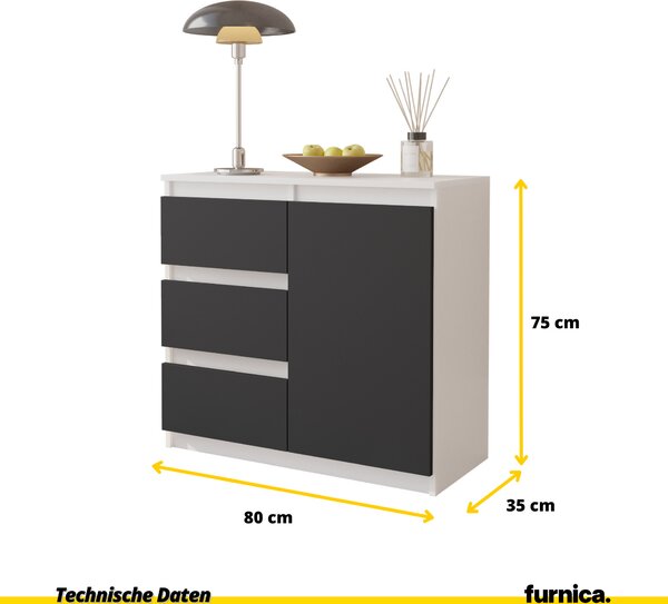 FURNICA - MIKEL - Komoda se 3 zásuvkami a 1 dvířky - bílá matná / antracitově šedá V75cm Š80cm H35cm