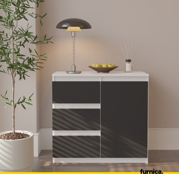 FURNICA - MIKEL - Komoda se 3 zásuvkami a 1 dvířky - bílá matná / antracitově šedá V75cm Š80cm H35cm